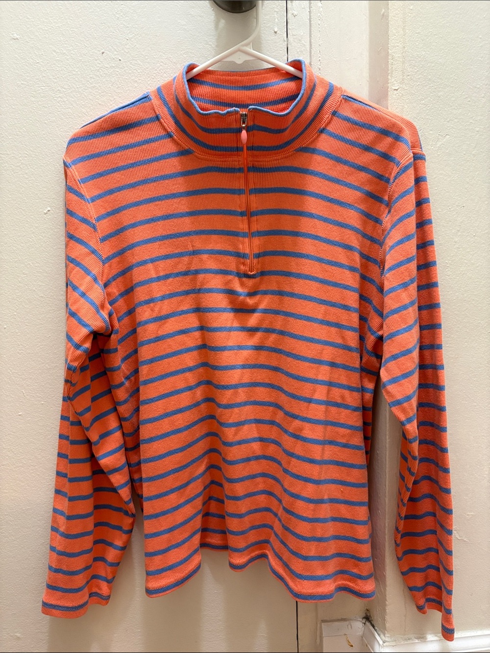 LL Bean Orange Blue Striped Women’s Sweater 100% Cotton ¼ Zipper Size XL